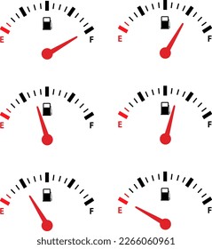 Set full tank scale, gas meter, clock face fuel measurements, fuel gauge indicator, dashboard scale icon, car control sensor sign, gasoline indicatior collection icons