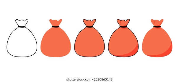 Set of full tied sack icons on white background. Drawing of sack with money, grain, gifts, garbage.	