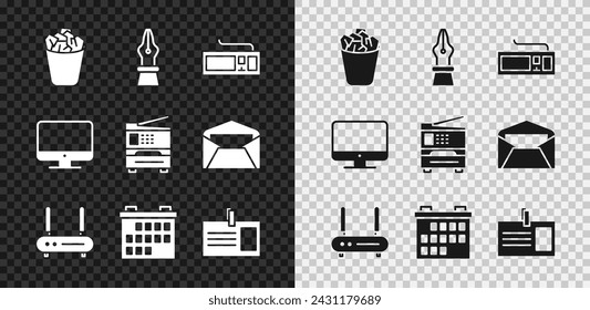 Set Full trash can, Fountain pen nib, Keyboard, Router and wi-fi signal, Calendar, Identification badge, Computer monitor screen and Printer icon. Vector