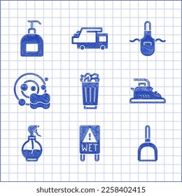 Set Full trash can, Wet floor, Dustpan, Electric iron, Water spray bottle, Washing dishes, Kitchen apron and Bottle of liquid soap icon. Vector