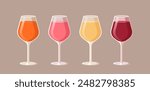 Set of full wine glasses. Vector illustration of alcohol drinks of different colors