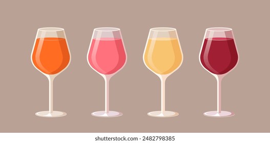 Set of full wine glasses. Vector illustration of alcohol drinks of different colors