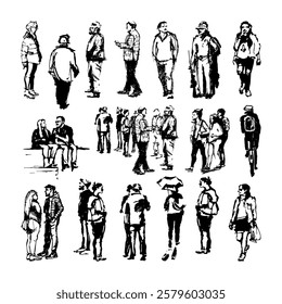 Set of full-body characters in motion, interacting with each other. Hand-drawn sketch of groups of people. Black and white doodle vector illustration.