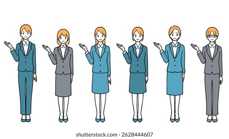 Set of full-body illustrations of several young women in suits giving directions