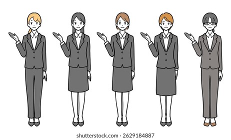 Set of full-body illustrations of several young women in suits giving directions