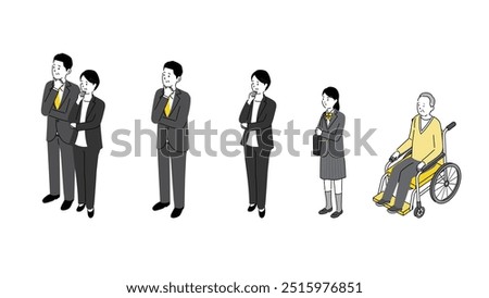 Set of full-body illustrations of various people, young men and women in suits and elderly people in wheelchairs