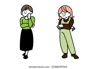 Set of full-body illustrations of a woman in trouble with her arms crossed.