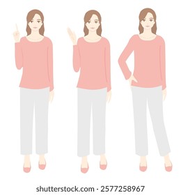 Set of full-body illustrations of young women. Pointing description, guidance, standing with hands on hips.