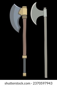 Set Of Fullcolor Medieval Axe Vector Weapon. Vector Hand Drawn Illustration Isolated On Black Background.
