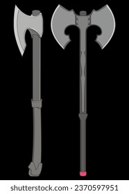 Set Of Fullcolor Medieval Axe Vector Weapon. Vector Hand Drawn Illustration Isolated On Black Background.
