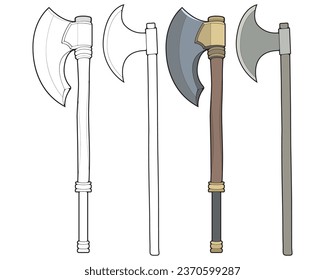 Set Of Fullcolor And Outline Medieval Axe Vector Weapon. Vector Hand Drawn Illustration Isolated On white Background.
