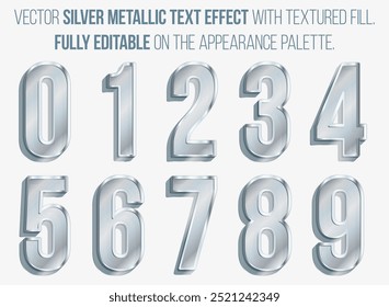 Set of fully editable 3D silver metal shiny numbers with gray textured filling - vector illustration