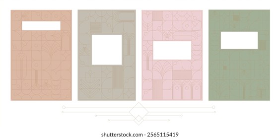 A set of fully editable covers (backgrounds) made of geometric elements in Art Deco style on a colored background.The design will be used in wedding printing,branding,corporate identity creation