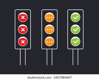 a set of fully lit traffic lights on a dark background.