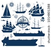 Set of fully rigged sailing ships, yachts and oil tankers silhouettes isolated on white background. Nautical design elements collection. Vector illustration