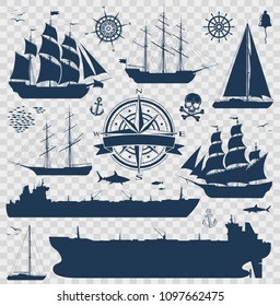 Set of fully rigged sailing ships, yachts and oil tankers silhouettes isolated on transparent background. Nautical design elements collection. Vector illustration