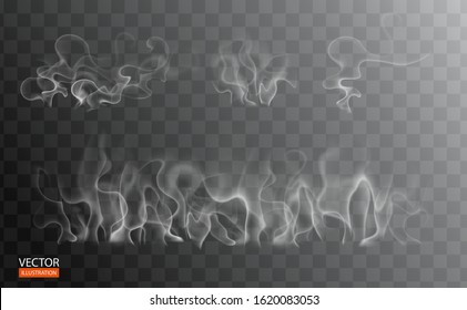 Set of fume on food, grill, tea and coffee. White cigarette smoke waves. Hot steam over cup for dark and transparent background. Magic vapor, mist, cloud, gas, fog vector illustration. Hazy fragrance