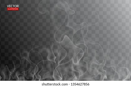 Set of fume on water, tea, food, coffee, ice. Vapor, mist, cloud, gas, fog vector illustration. Hazy fragrance on ice. Hot steam over cup on dark or transparent background. White cigarette smoke wave.