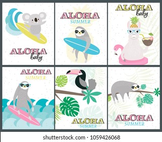 Set of fun Aloha baby posters with cartoon animals for baby shower or birthday party. Editable vector illustration