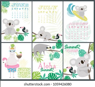 Set of fun Aloha posters and summer month calendar with cartoon animals for baby shower or birthday party. Editable vector illustration