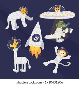 Set of fun animal astronauts like cheetah, giraffe, monkey, panda bear in the rocket, crocodile with Earth flag banner and fox in UFO.Flat hand drawn vector illustration on navy blue space background.