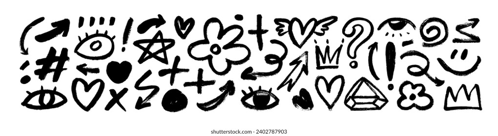 Set of fun black childish line doodles. Brush drawn hearts, eyes, diamonds, crown, flowers, arrows and squiggles. Sketch style hand drawn icons for collages, decoration, ads, prints, branding.