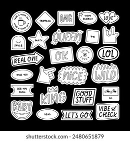 Set of fun black and white sticker illustration. Retro style hand drawn doodle quote label collection, funny chat text icon with modern slang and positive words. Isolated flat cartoon clip art bundle.