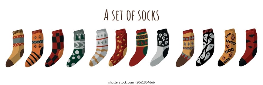 A set of fun, bright, woolen, stylish socks with a pattern and patterns. Christmas socks, for Halloween, for the new year, knitted. Cozy atmosphere. A gift for the holiday. An item of clothing.