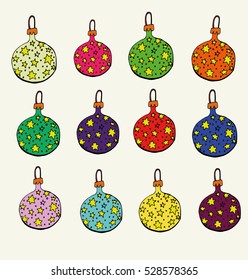 set of fun fun brightly colored Christmas balls with a contour drawn by hand. isolated objects. suitable for Christmas card.