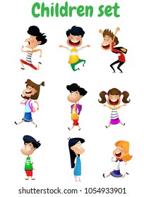 Set of fun cartoon children. They are running, jumping and standing. Vector