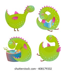 Set of fun cartoon dragons. Cartoon character monster for kids, funny happy dinosaur. Vector illustration.