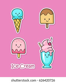 Set of fun cartoon ice creams stickers. cute stickers