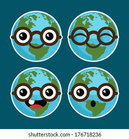 Set of fun cartoon planet earths with eyeglasses