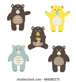 Set of fun cartoon vector bears for kids. Happy child brown, yellow and blue bears for cards, textile, apparel.