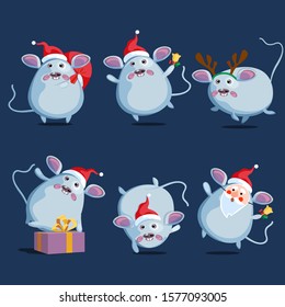 Set of fun cartoon vector mice, concept for new year and Christmas, Chinese symbol 2020