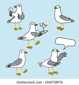 Set of fun characters seagulls in various poses. Hand drawn vector doodle illustration with seabird isolated on blue background.Ocean bird in cartoon style.