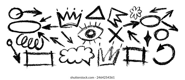Set of fun  childish line doodles. Brush drawn hearts, eyes, diamonds, crown, flowers, arrows and squiggles. Sketch style hand drawn icons for collages, decoration, ads, prints, branding.