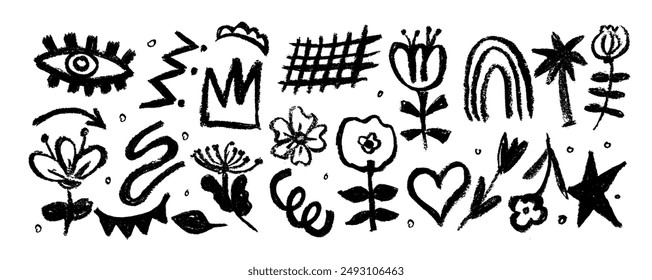 Set of fun childish line doodles. Brush drawn hearts, eyes, diamonds, crown, flowers, arrows and squiggles. Sketch style hand drawn icons for collages, decoration, ads, prints, branding.