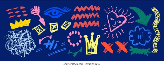 Set of fun childish line doodles. Brush drawn hearts, eyes,  crown, flowers, arrows and squiggles. Sketch style hand drawn icons for collages, decoration, ads, prints, branding.