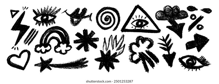 Set of fun childish line doodles. Brush drawn hearts, eyes,  crown, flowers, arrows and squiggles. Sketch style hand drawn icons for collages, decoration, ads, prints, branding.