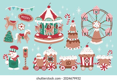 Set of Fun Christmas gingerbread train, carousel, ferris wheel, tree, snowman, reindeer, horse biscuit, sweet desserts for fabric, linen, textiles and wallpaper