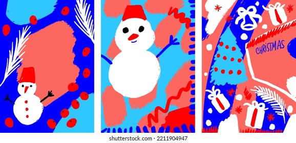 Set of fun Christmas templates with colorful brush strokes, stains, snowman, christmas tree, mandarins. Simple childish sketch with different spots.