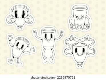 A set of fun coffee cup stickers. Stylish coffee cups in different poses. happy faces on a coffee cup. Each layer has a separate white background and a grey outline. 
