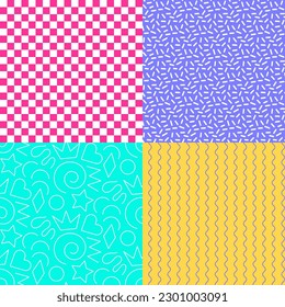 Set of fun colorful 90 s-00 s seamless pattern. Vivid creative abstract background collection for kids stuff. Vector simple childish scribble print textures.