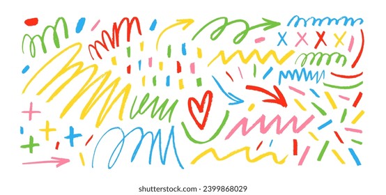 Conjunto de divertidas líneas de doodle de carbón vegetal, flechas y trazos. Elementos de doodle dibujados a mano, calamares y corazón. Sencillos garabatos y marcas infantiles. Escenario simple, estilo Memphis.