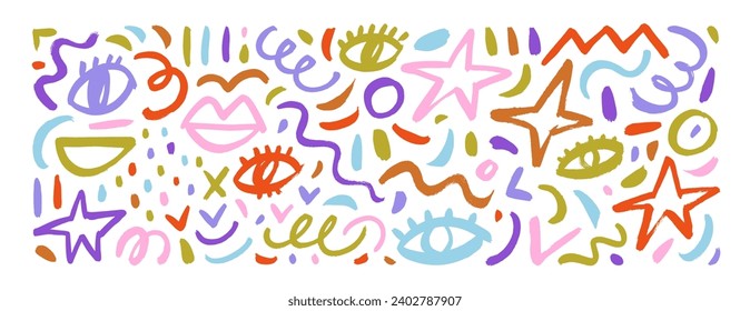 Set of fun colorful doodle elements like eyes, stars, lips, squiggles and dots texture. Creative vector illustration for children or trendy design. Collages and template elements in quirky naive style