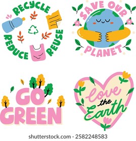 A set of fun and colorful Earth Day affirmation stickers with creative lettering, environmental messages, and playful designs to promote eco-friendly awareness and activism.