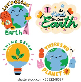 A set of fun and colorful Earth Day affirmation stickers with creative lettering, environmental messages, and playful designs to promote eco-friendly awareness and activism.