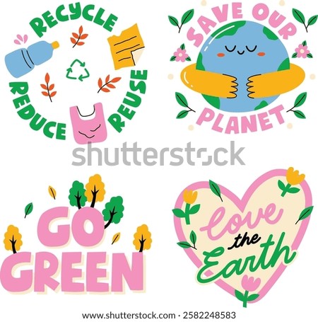 A set of fun and colorful Earth Day affirmation stickers with creative lettering, environmental messages, and playful designs to promote eco-friendly awareness and activism.
