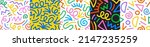 Set of fun colorful line doodle seamless pattern. Creative abstract art background collection for children or festive celebration design. Simple childish scribble wallpaper print texture bundle.